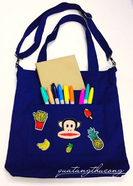 Túi tote đeo chéo bố màu xanh dương 33x33cm 