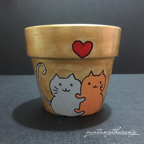 Chậu đất nung hình mèo xám-cam 