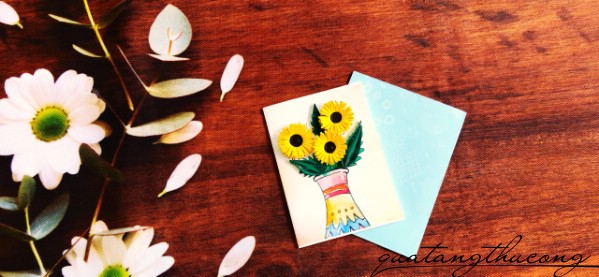 Thiệp quilling nhỏ lọ hoa hướng dương