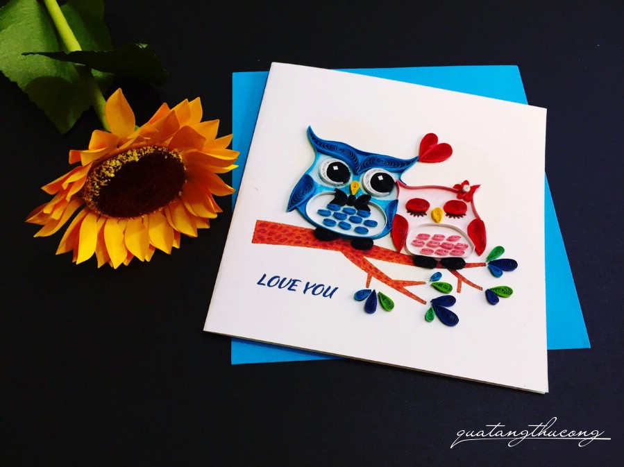 Thiệp quilling Cú mèo xanh hồng