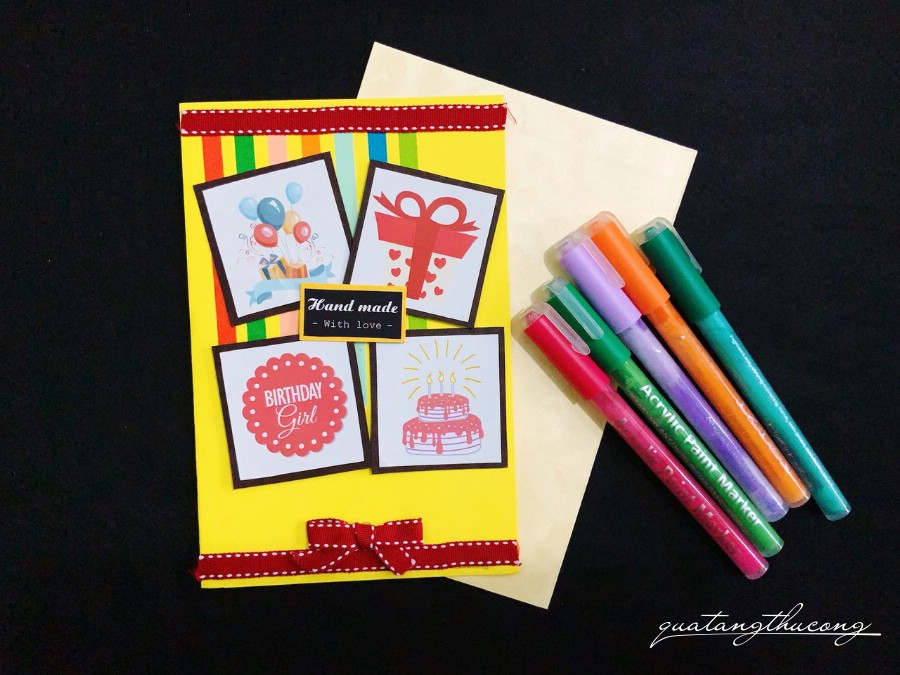 Thiệp Handmade sticker sinh nhật màu vàng