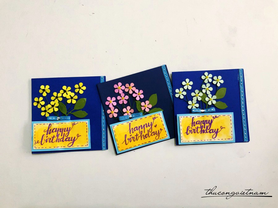 Thiệp Happy Birthday hoa 5 cánh 10x10cm Xanh dương