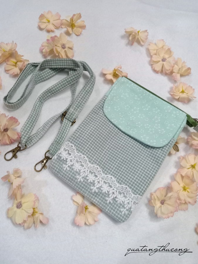 Túi vải vintage dây đeo 14x20cm - Xanh lục