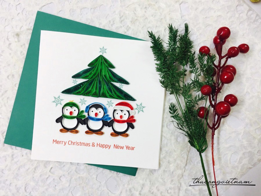Thiệp Quilling 15*15cm- Giáng Sinh 3 Chú Chim Cánh Cụt
