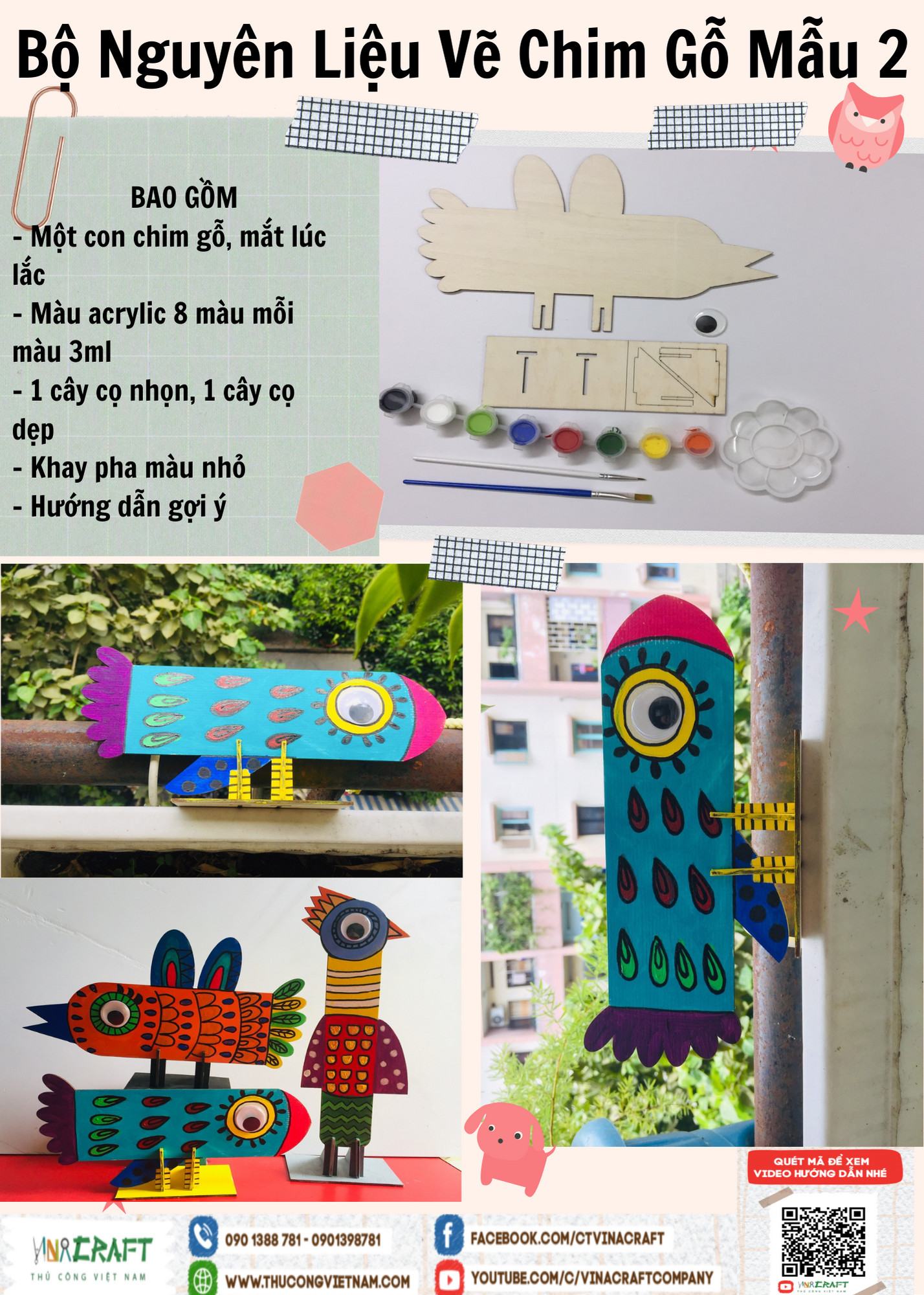 Bộ nguyên liệu vẽ chim gỗ - mẫu 2