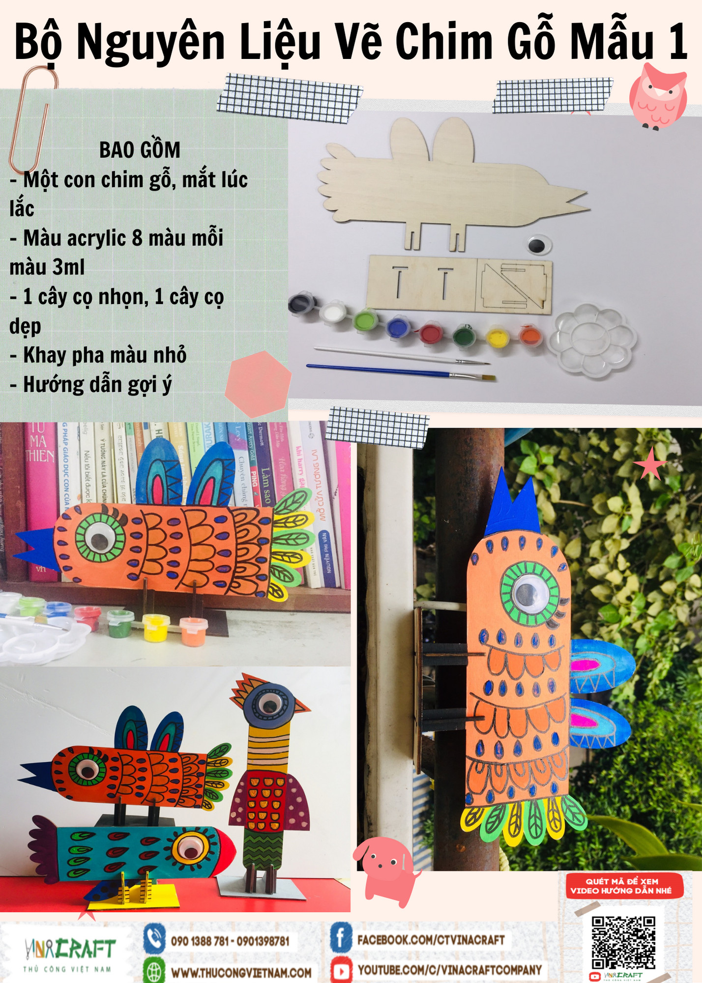 Bộ nguyên liệu vẽ chim gỗ - mẫu 1