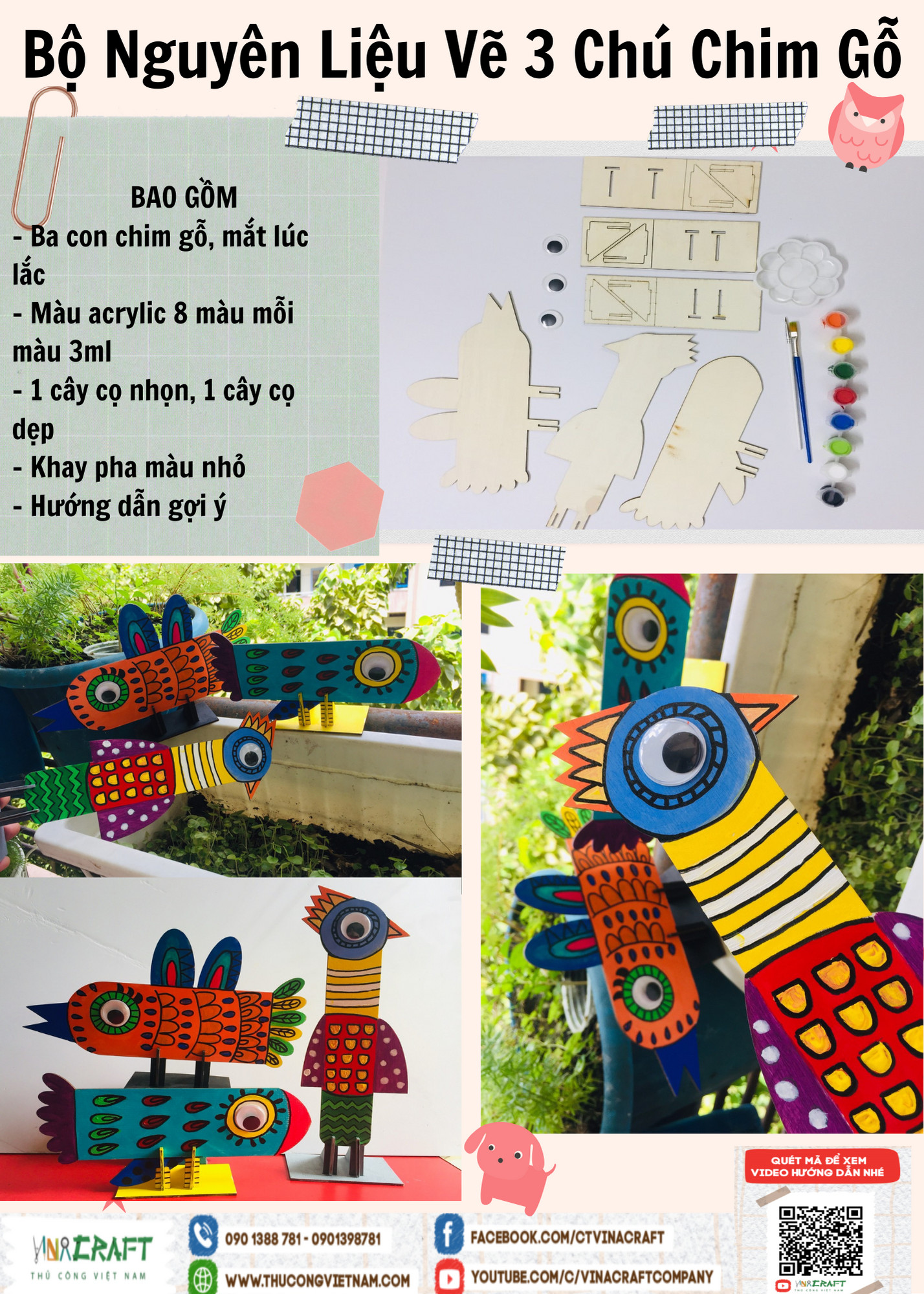 bộ nguyên liệu vẽ 3 chú chim gỗ