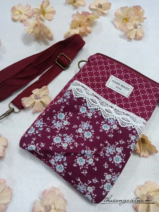 Túi handmade vải vintage 14*20cm-Đỏ đô