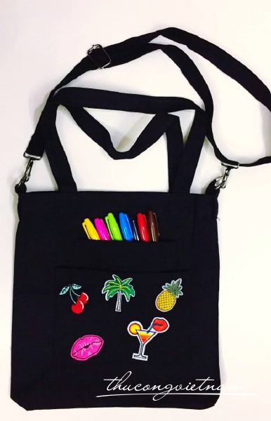 Túi tote đeo chéo bố màu đen 33*33cm