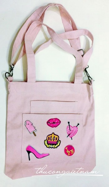 Túi tote đeo chéo bố màu hồng 33*33cm