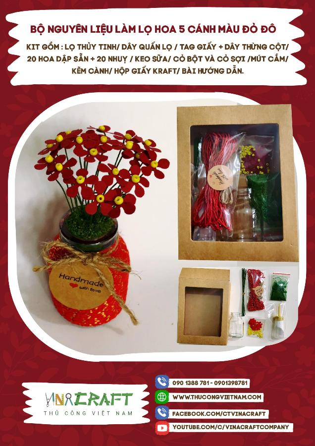 Bộ nguyên liệu lọ hoa 5 cánh đỏ đô