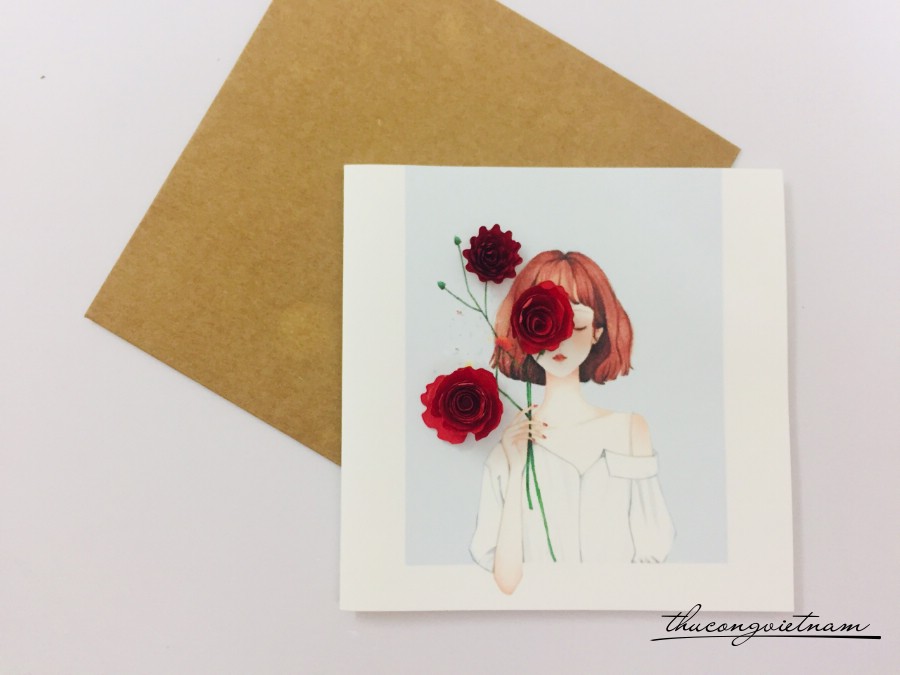 Thiệp Quilling 10*10cm-Cô gái và hoa