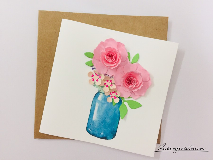 Thiệp Quilling 10*10cm- Lọ hoa hồng