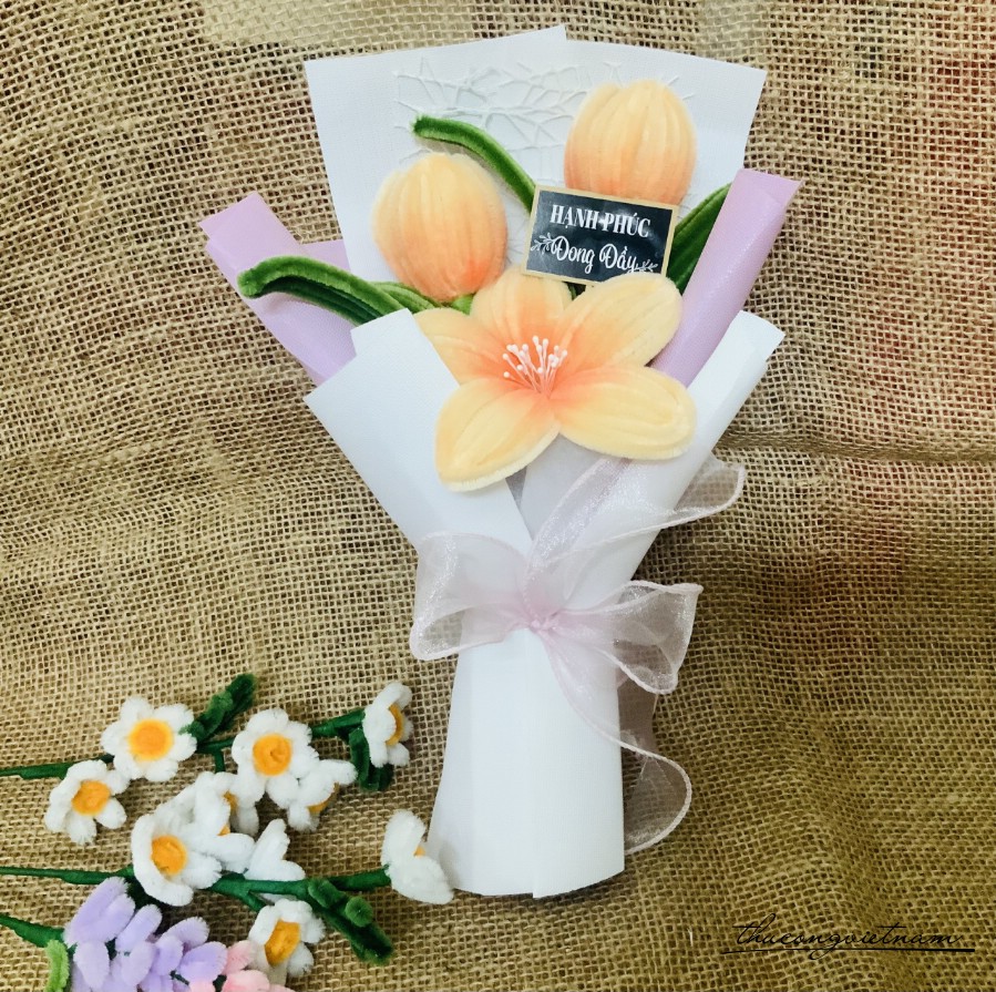 Bó hoa kẽm nhung handmade 25*35cm- Tông cam
