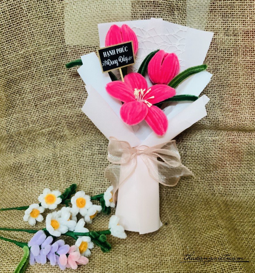 Bó hoa kẽm nhung handmade 25*35cm- Tông hồng
