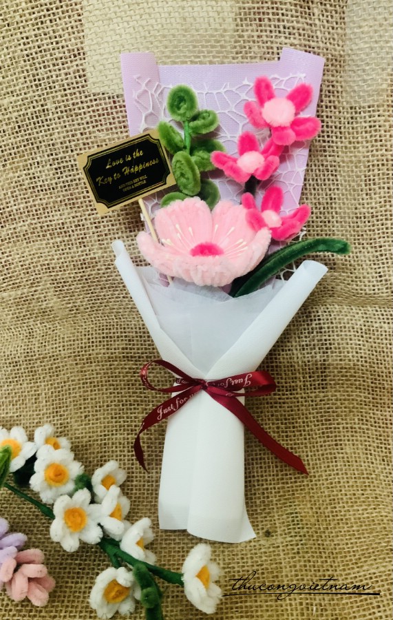 Bó hoa kẽm nhung handmade 15*30cm- Tông hồng