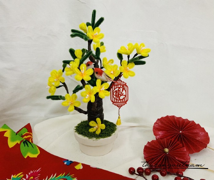 Chậu Bonsai kẽm nhung trang trí Tết tông vàng