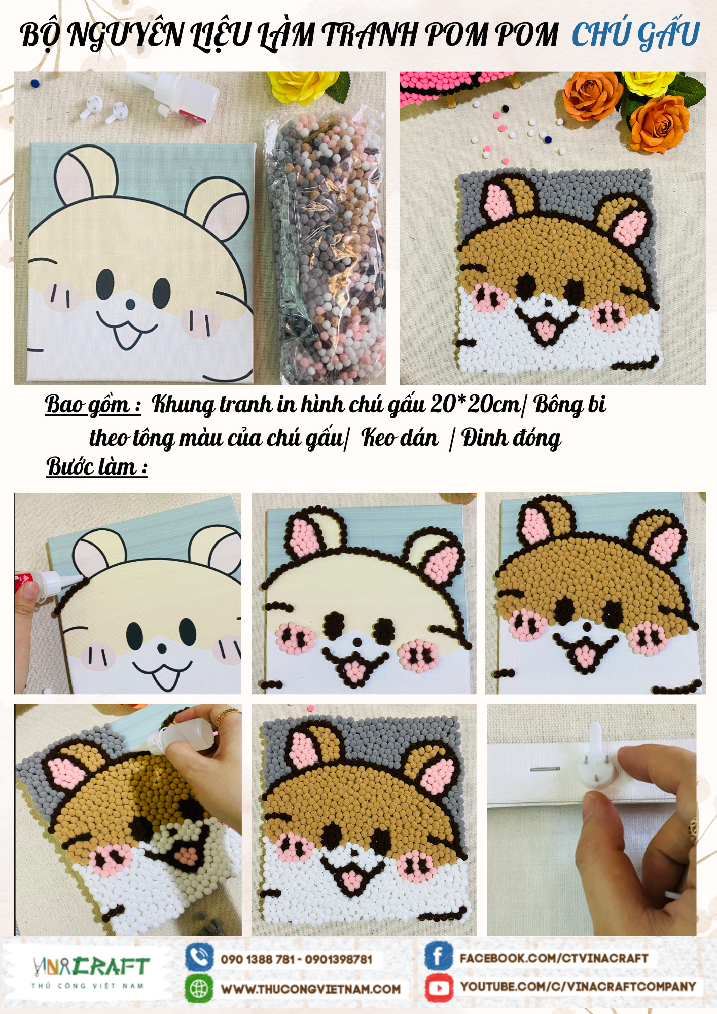 Bộ nguyên liệu làm tranh PomPom chú gấu 