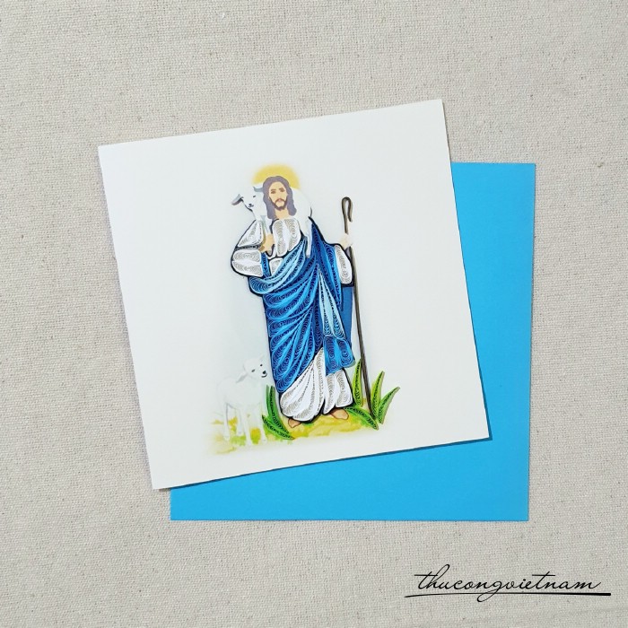 Thiệp quilling Thiên Chúa áo xanh 15*15cm