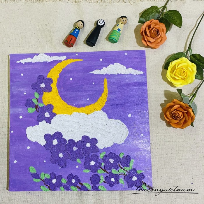 Khung tranh cát đã trang trí - Trăng và hoa (30*30cm)