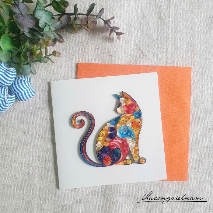 Thiệp quilling mèo hoa